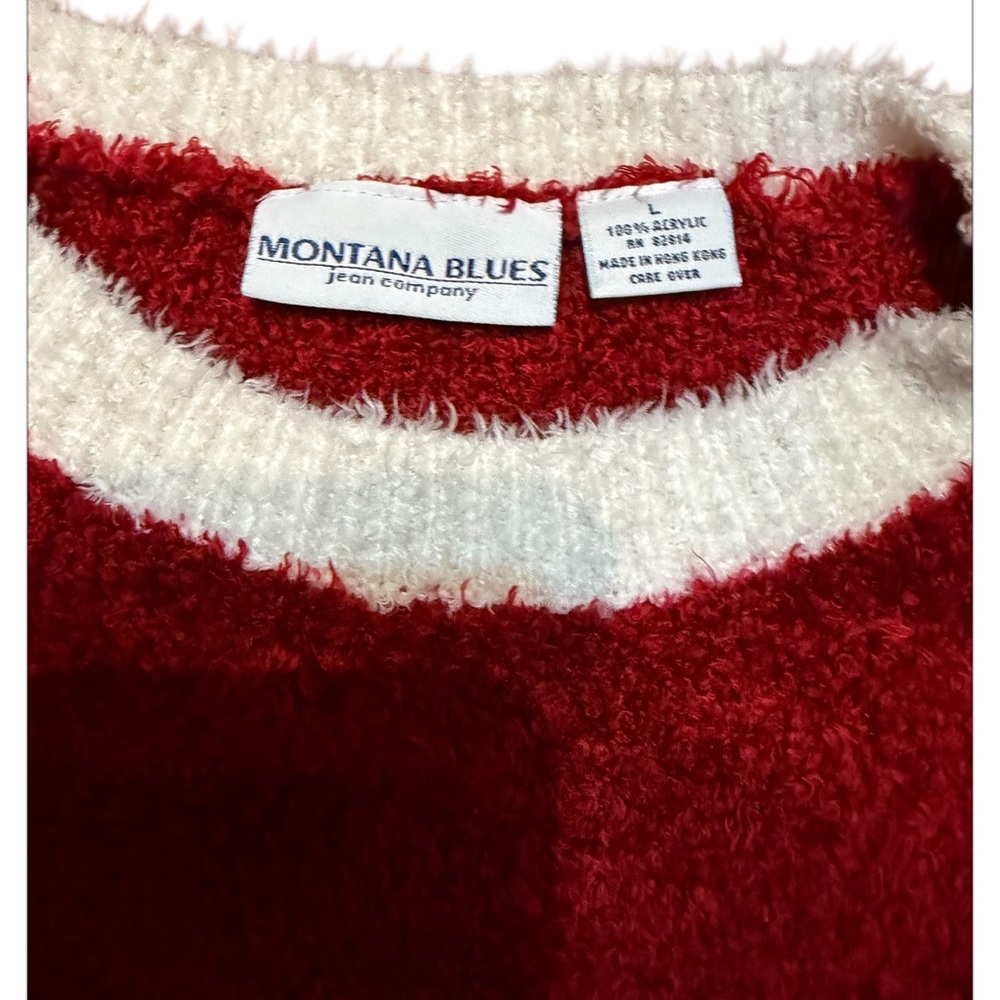 Montana Blues vintage Girls Fuzzy Sweater Red & Blue Trim Size Large - Picture 4 of 4